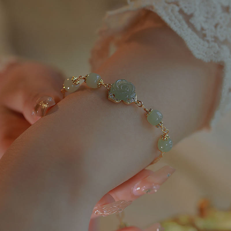 Buddha Stones 14K Gold Plated Hetian Jade Rose Flower Luck Chain Bracelet - image 11