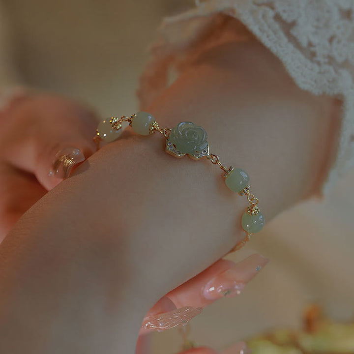 Buddha Stones 14K Gold Plated Hetian Jade Rose Flower Luck Chain Bracelet - image 11