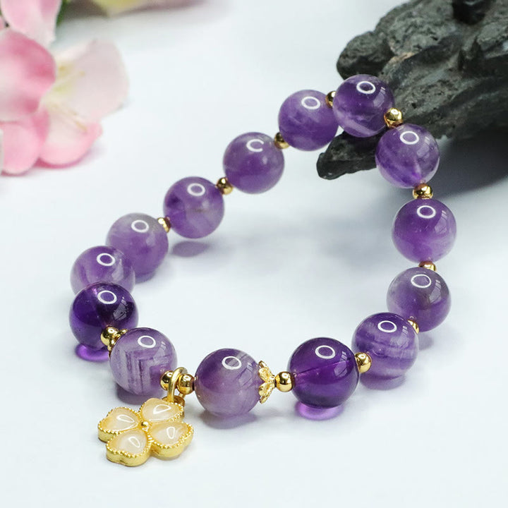 Buddha Stones Natural Amethyst Crystal Inner Peace Four Leaf Clover Charm Bracelet - image 5
