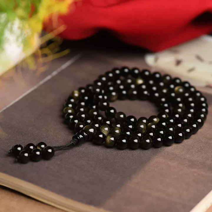 Buddha Stones 108 Mala Beads Natural Gold Sheen Obsidian Wealth Bracelet - image 2