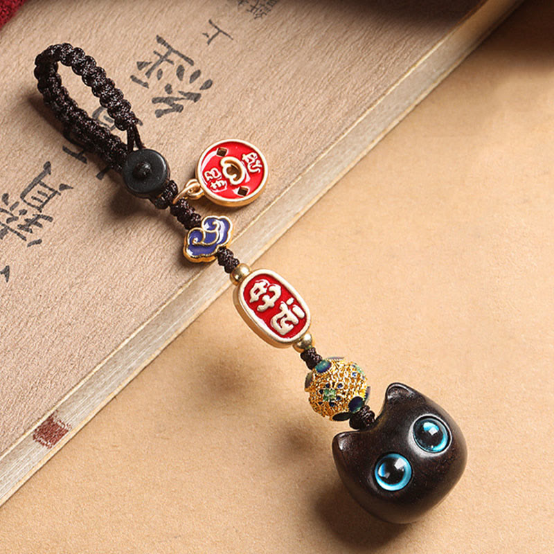 Buddha Stones Ebony Wood Lucky Cat Auspicious Cloud Peace Key Chain Phone Hanging Decoration - image 10