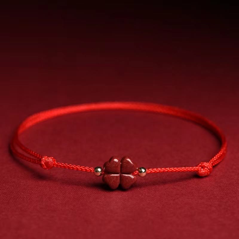 Buddha Stones Natural Cinnabar Four Leaf Clover Blessing Red String Bracelet Anklet - Red - Anklet(Anklet Circumference 21-27cm) - Without Golden Bead - image 0