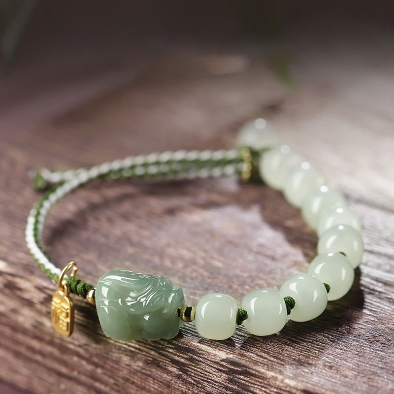 Buddha Stones Natural Hetian Jade PiXiu Luck Fu Character String Bracelet - image 1