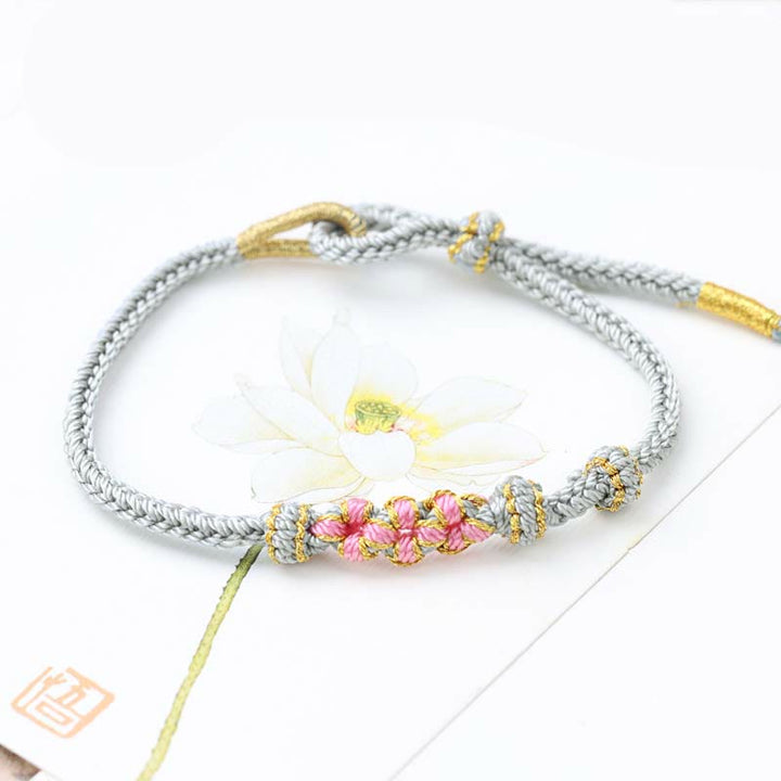 Buddha Stones Handmade Three Peach Blossoms Luck Eight Strands Braided String Bracelet - Gray(Wrist Circumference 14-19cm) - image 10