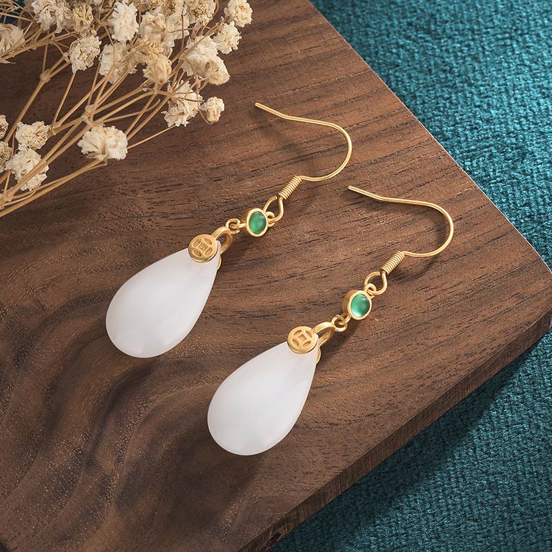 Buddha Stones FengShui White Jade Luck Drop Earrings - image 17