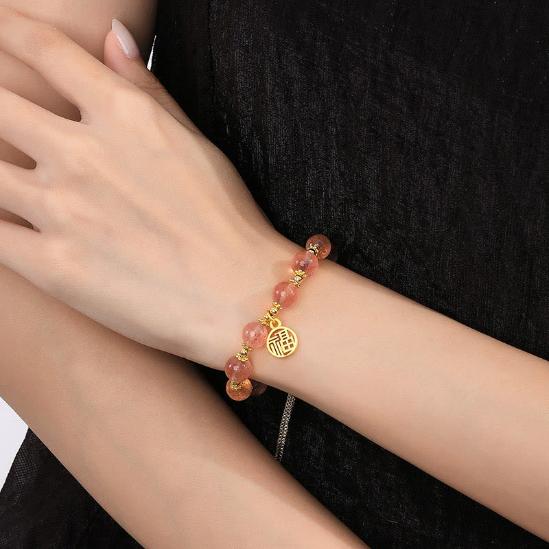Buddha Stones 14K Gold Plated Natural Strawberry Quartz Fu Character Positive Charm Bracelet - image 4