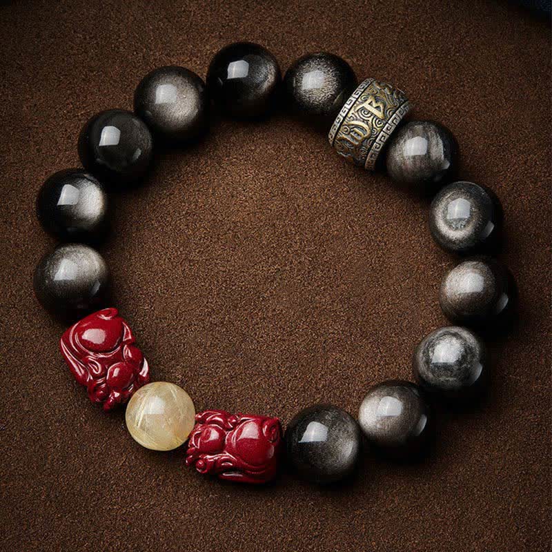 Buddha Stones Gold Sheen Obsidian PiXiu Cinnabar Om Mani Padme Hum Protection Bracelet - image 10
