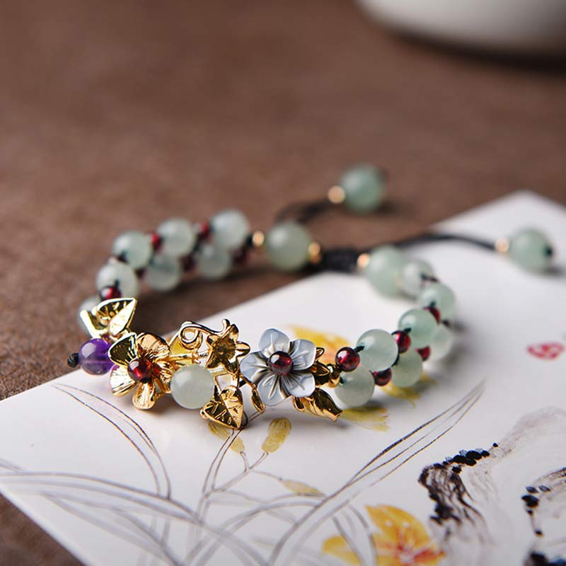 Buddha Stones Green Aventurine Garnet Bead Flower Petal Luck Bracelet - Green Aventurine - Gold Flower - image 1