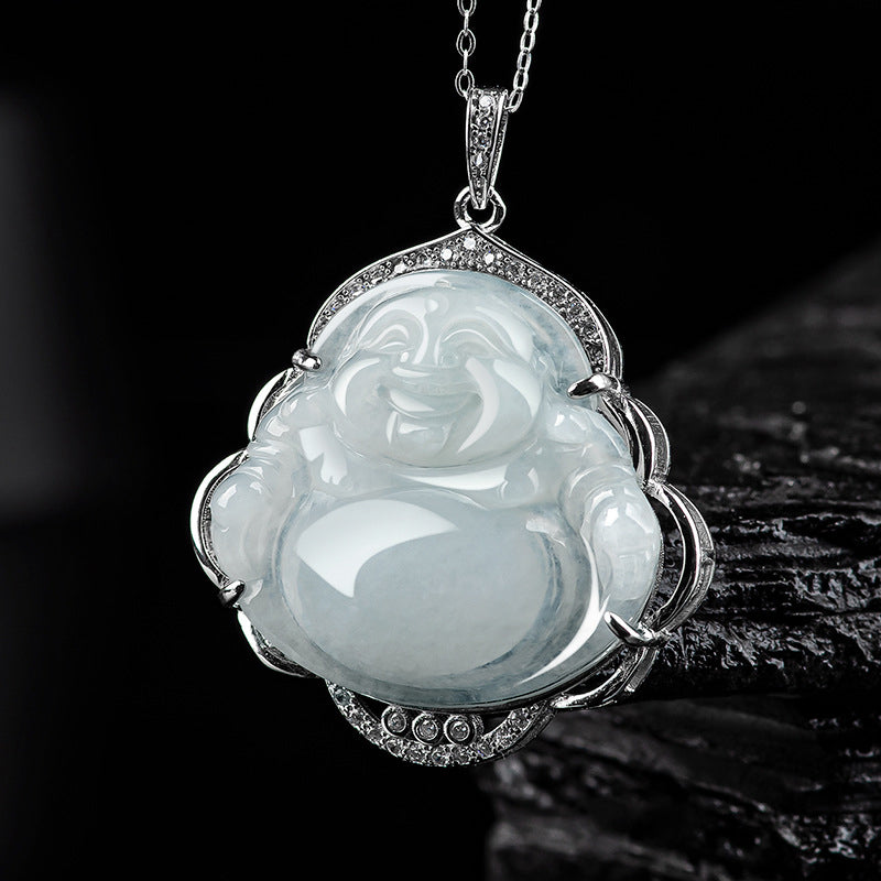 Buddha Stones Laughing Buddha Natural Jade Abundance Titanium Steel Chain Necklace Pendant - Jade(Prosperity♥Abundance) - image 0
