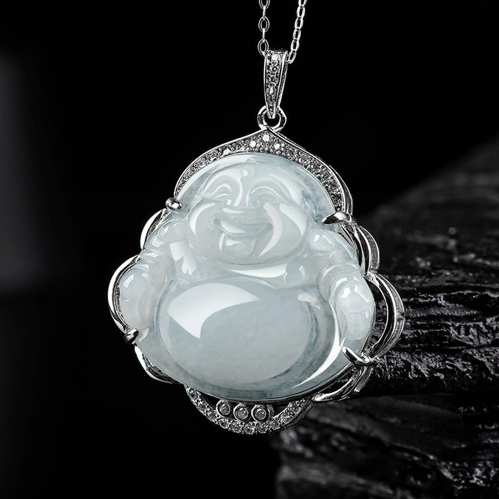 Buddha Stones Laughing Buddha Natural Jade Abundance Titanium Steel Chain Necklace Pendant - Jade(Prosperity♥Abundance) - image 0