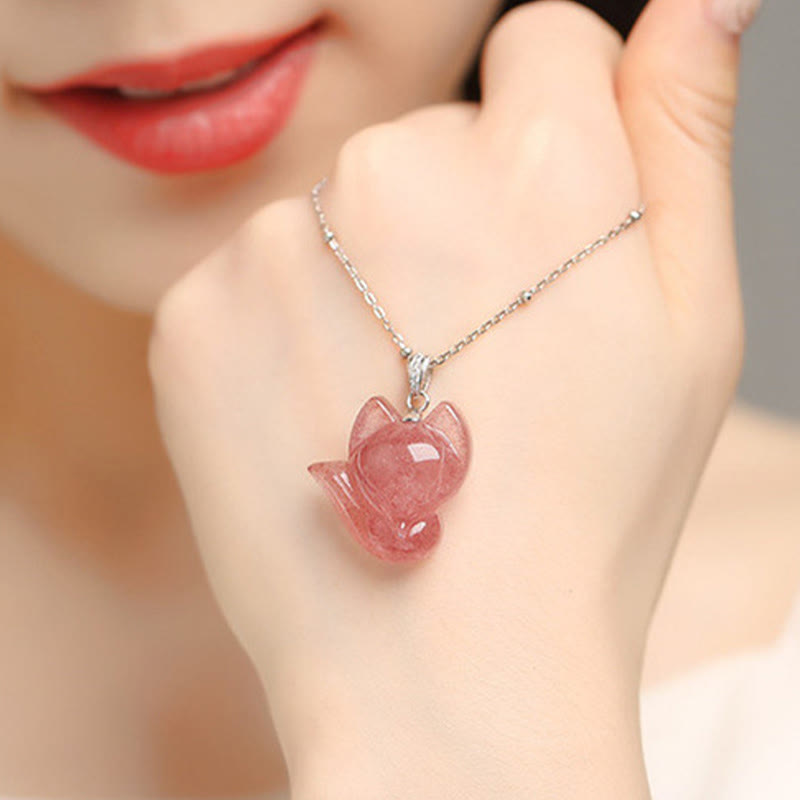 Buddha Stones 925 Sterling Silver Plated 14k Gold Strawberry Quartz Fox Healing Necklace Pendant - image 6