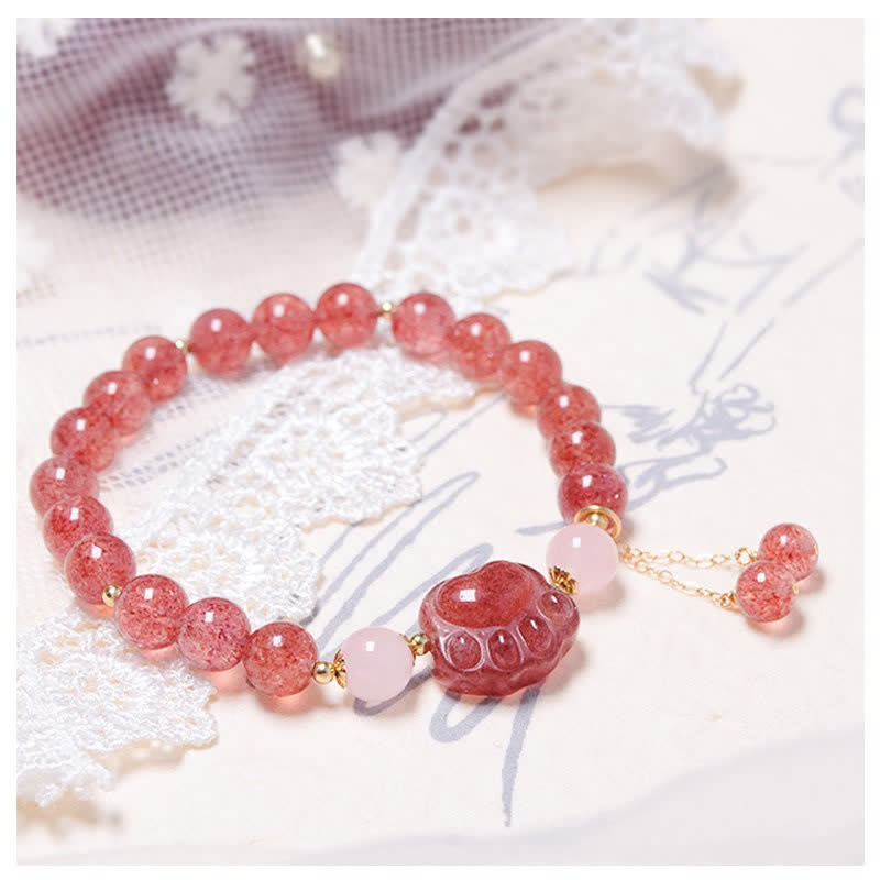 Buddha Stones Natural Strawberry Quartz Pink Crystal Lucky Cat Paw Love Bracelet - image 1