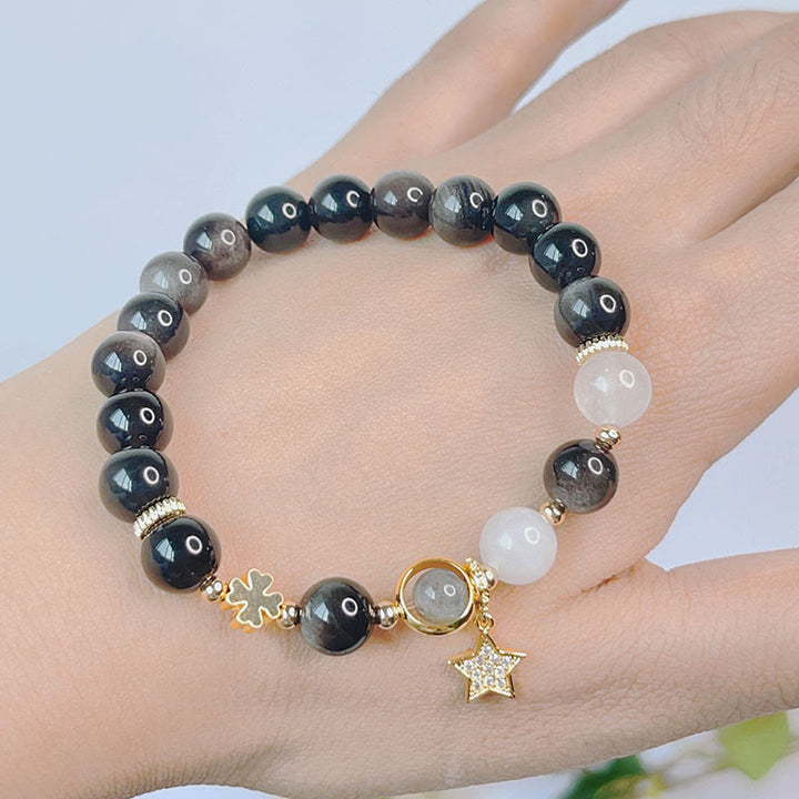 Buddha Stones Natural Silver Sheen Obsidian Love Heart Star Flower Protection Bracelet - image 9