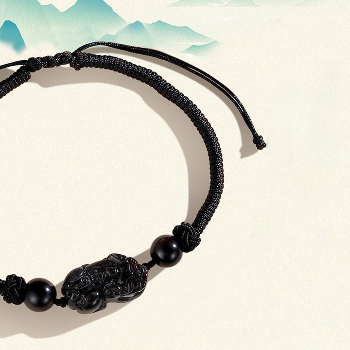 Buddha Stones Handmade Natural Silver Sheen Obsidian Strawberry Quartz PiXiu Protection Braided Bracelet - image 6