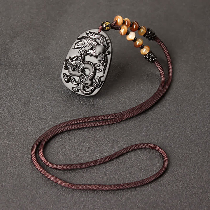 Buddha Stones Black Obsidian Tiger Eye Dragon Phoenix Protection Beaded Necklace Pendant - Obsidian&Agate Bead String - image 3