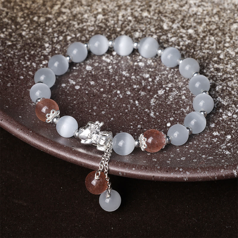 Buddha Stones Natural Cat's Eye Moonstone Strawberry Quartz PiXiu Support Bracelet - image 8