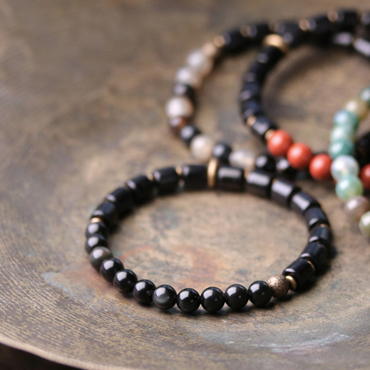 Buddha Stones Ebony Wood Red Jasper Moss Agate Crystal Copper Peace Couple Bracelet - image 10