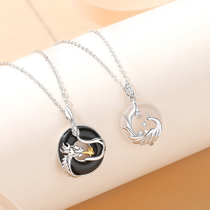 Buddha Stones 925 Sterling Silver Year of the Dragon Natural Black Onyx Chalcedony Dragon Phoenix Peace Buckle Protection Necklace Pendant - image 2