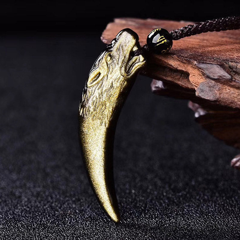 Buddha Stones Natural Black Obsidian Ice Obsidian Rainbow Obsidian Wolf Tooth Pattern Strength Necklace Pendant - image 0