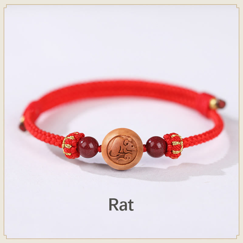 Buddha Stones Natural Peach Wood Chinese Zodiac Fu Character Carved Cinnabar Wealth Bracelet - Rat-Red(Wrist Circumference 14-22cm) - image 1