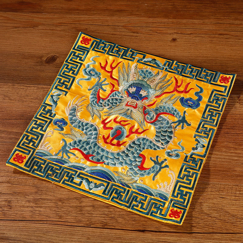 Buddha Stones Crane Phoenix Dragon Kirin Embroidered Cup Mat Pad Tea Cup Coaster Square Kung Fu Tea Mat - Yellow Green Dragon - image 24