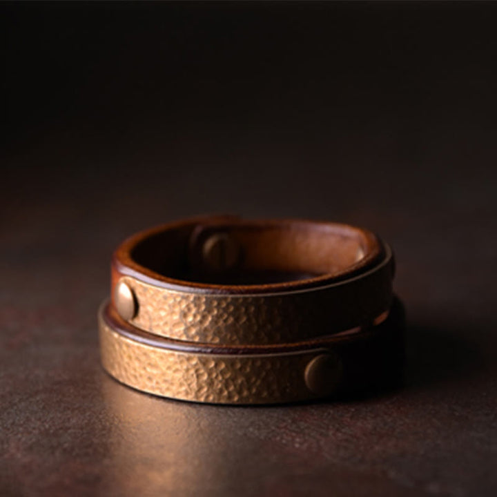 Buddha Stones Vintage Handmade Texture Copper Brass Leather Wealth Bracelet Bangle - image 6