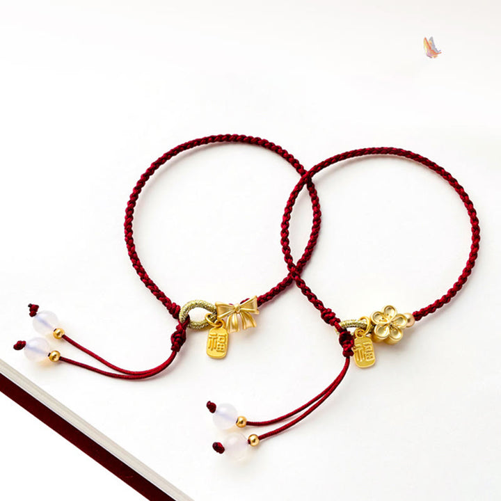 Buddha Stones Handmade Peach Blossom Rosette Bow Knot Fu Character Charm Luck Fortune Red Rope Bracelet - image 0