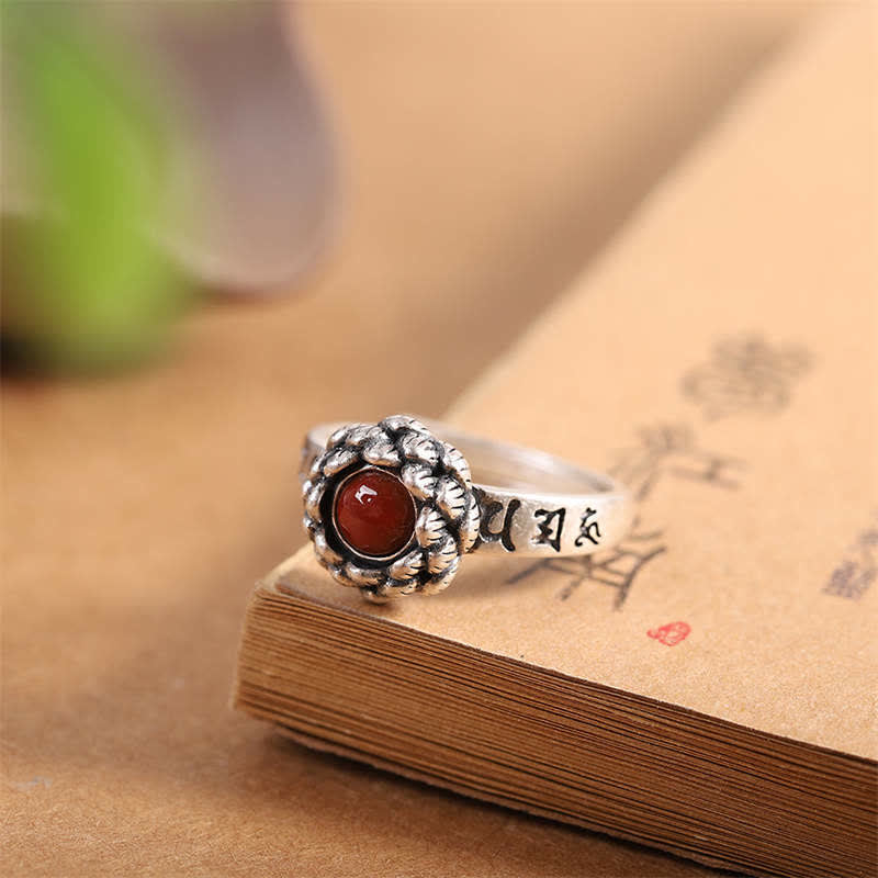 Buddha Stones925 Sterling Silver Lotus Red Agate Confidence Blessing Ring - image 1