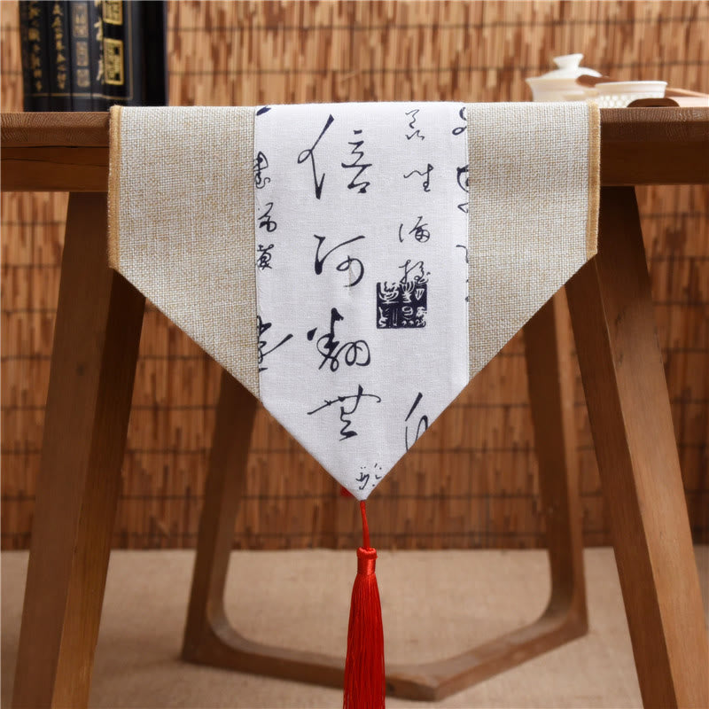 Buddha Stones Classic Chinese Style Lotus Koi Fish Flower Crane Calligraphy Enlightenment Cotton Linen Tassels Table Runner - Beige White Calligraphy - 30*180cm - image 39