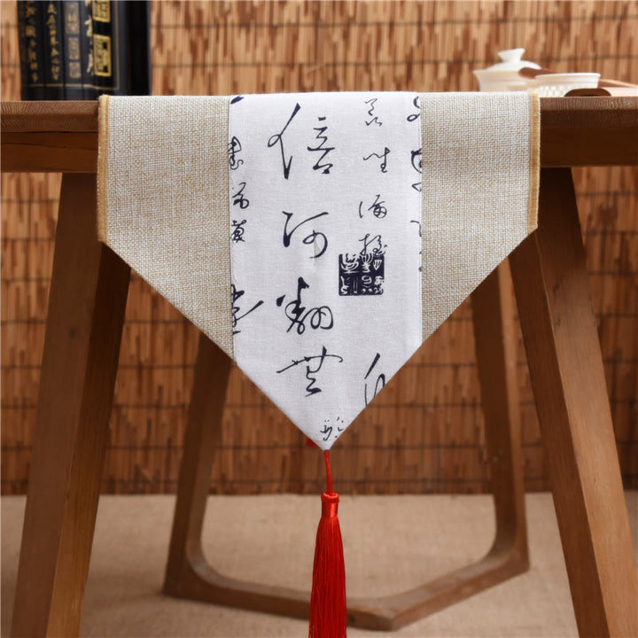 Buddha Stones Classic Chinese Style Lotus Koi Fish Flower Crane Calligraphy Enlightenment Cotton Linen Tassels Table Runner - Beige White Calligraphy - 30*180cm - image 39