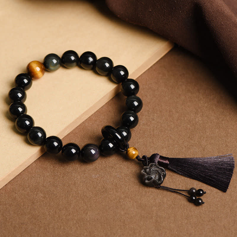 Buddha Stones Natural Black Obsidian Lion Wrist Mala Protection Tassels Pocket Mala Car Decoration - Black Obsidian&Flower - image 7