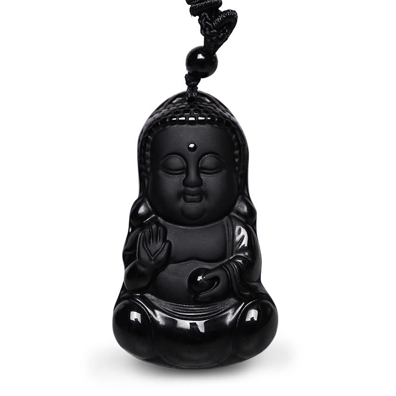 Buddha Stones Natural Black Obsidian Crystal Buddha Strength Protection Amulet Lucky Charm Pendant Necklace - image 1