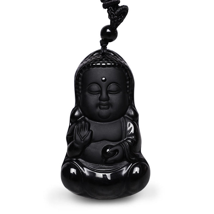 Buddha Stones Natural Black Obsidian Crystal Buddha Strength Protection Amulet Lucky Charm Pendant Necklace - image 1