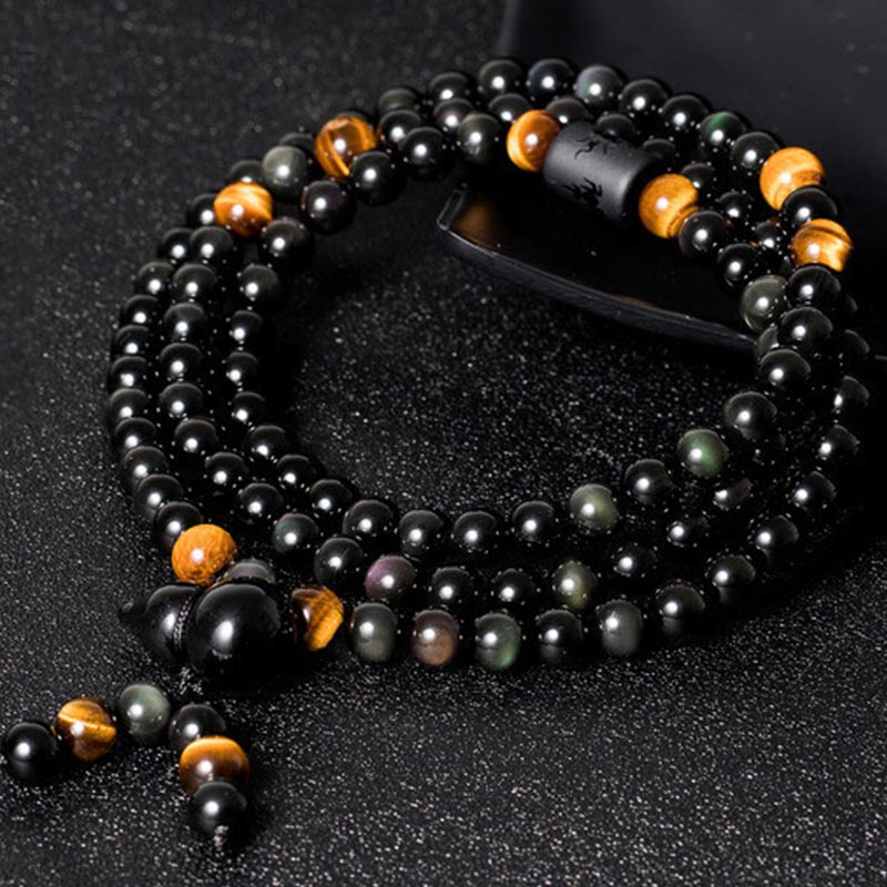 Buddha Stones Natural Black Obsidian Rainbow Obsidian Gourd Blessing Bracelet Mala - image 1