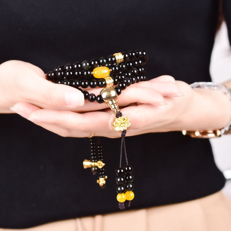 Buddha Stones 108 Beads Natural Black Obsidian Lotus Fulfilment Mala Bracelet - image 2