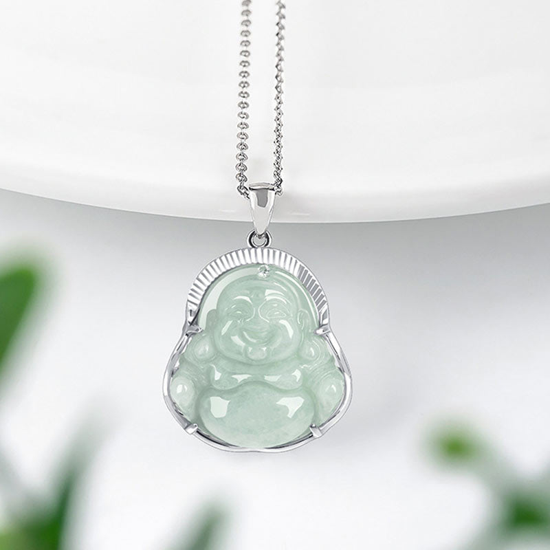 Buddha Stones Laughing Buddha Jade Luck Calm Titanium Steel Chain Necklace Pendant - image 1