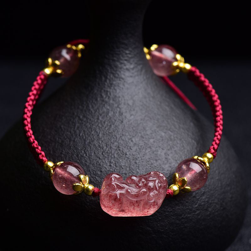Buddha Stones Natural Strawberry Crystal Pixiu Charm Lucky Red String Bracelet - Strawberry Quartz(Wrist Circumference 14-20cm) - image 0