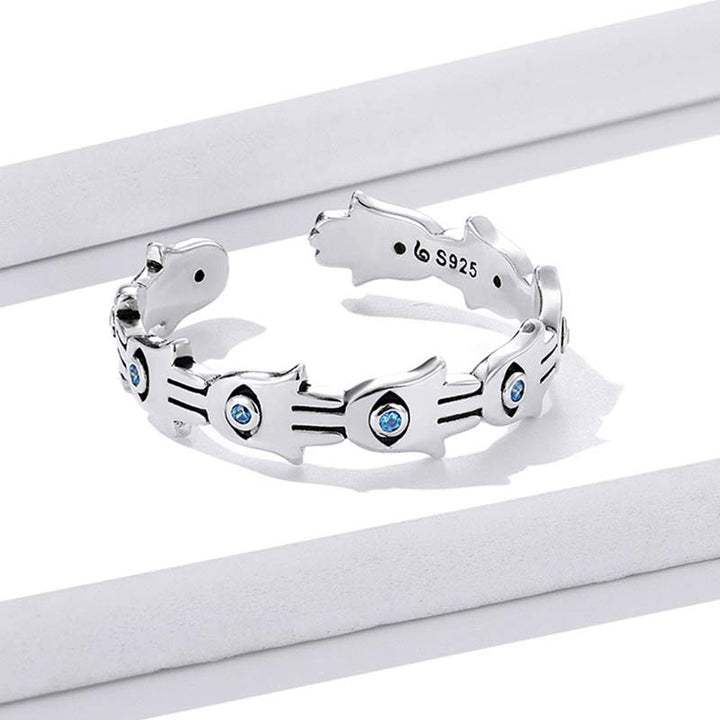 Buddha Stones 925 Sterling Silver Hamsa Symbol Zircon Adjustable Ring - image 5