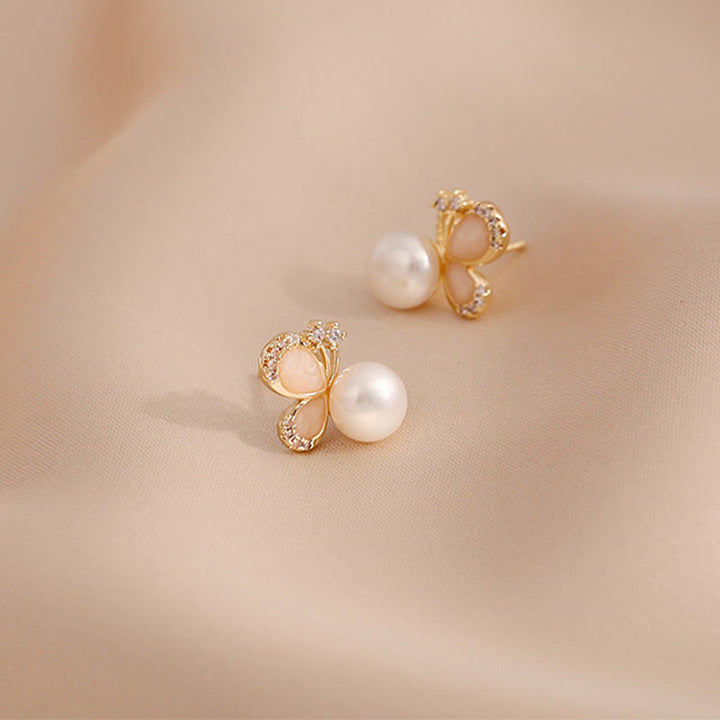 Buddha Stones 18k Gold Plated Pearl Butterfly Love Freedom Stud Earrings - image 8