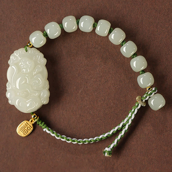 Buddha Stones 925 Sterling Silver Chinese Zodiac Hetian Jade Happiness Luck String Bracelet - Monkey - image 15