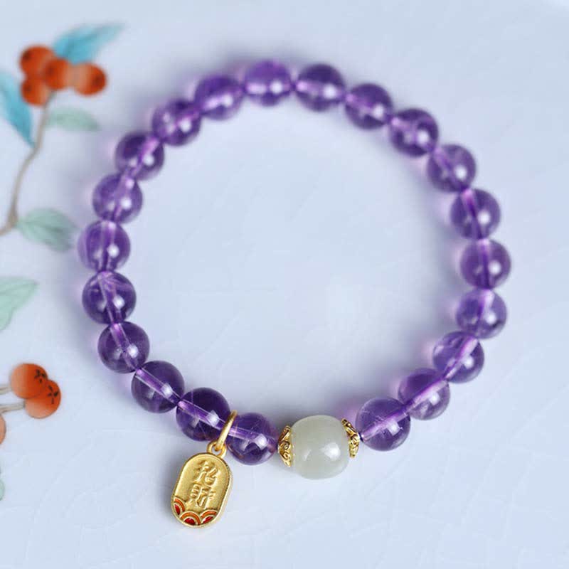Buddha Stones Natural Amethyst Crystal Hetian Jade Healing Charm Bracelet - image 1