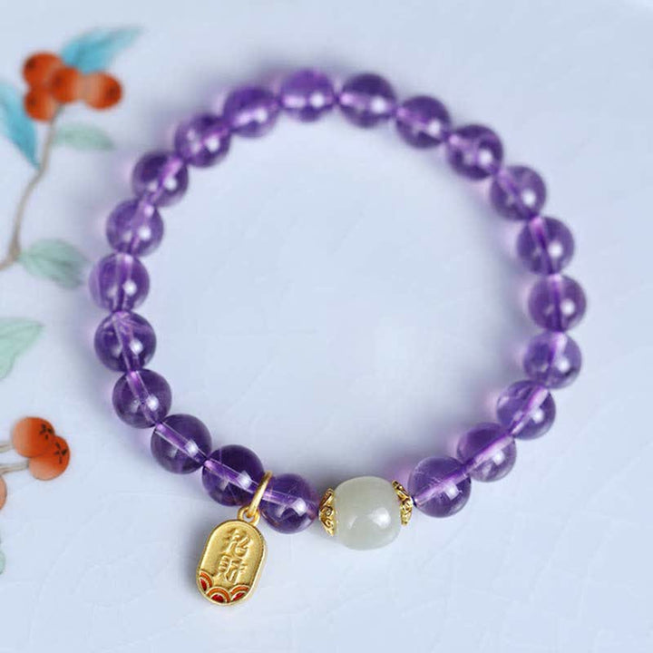 Buddha Stones Natural Amethyst Crystal Hetian Jade Healing Charm Bracelet - image 1