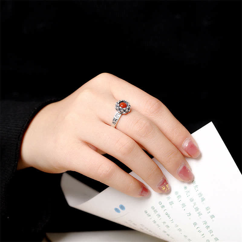 Buddha Stones925 Sterling Silver Lotus Red Agate Confidence Blessing Ring - image 2