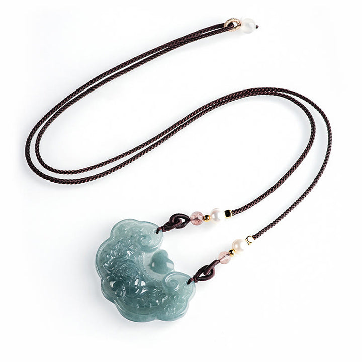 Buddha Stones Natural Jade Peony Flower Lock of Good Wishes Prosperity Necklace Pendant - image 6