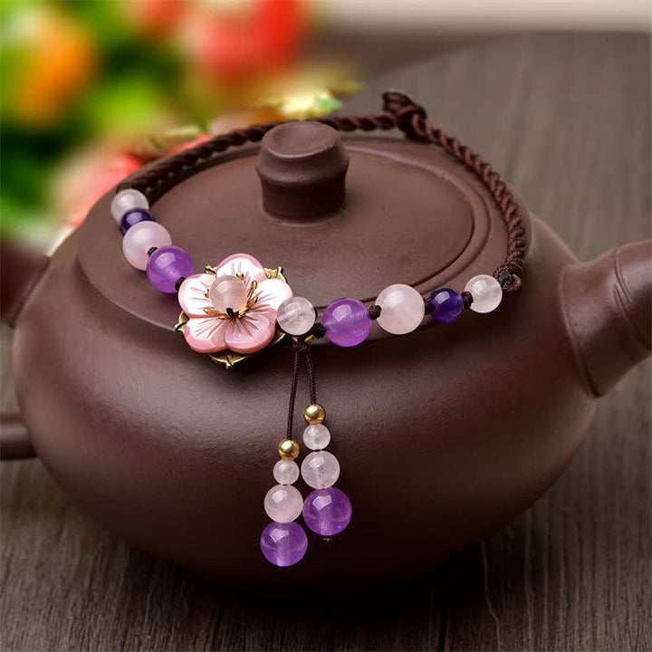 Buddha Stones Natural Amethyst Rose Quartz Crystal Charm Lucky Healing Anklet - image 1