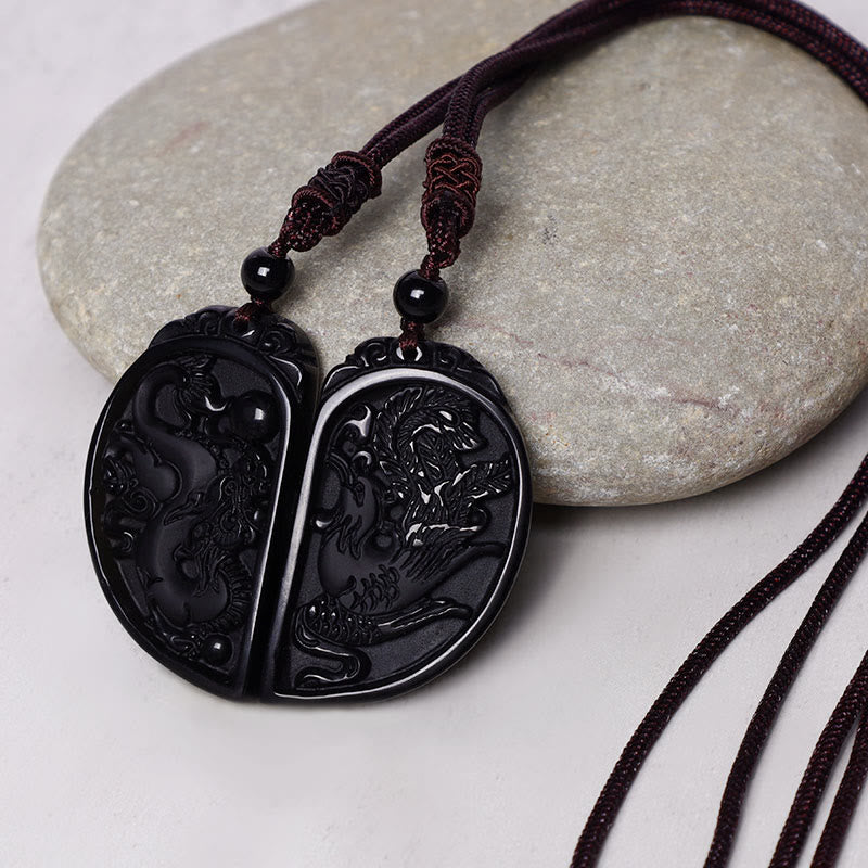 Buddha Stones Black Obsidian Love Dragon Phoenix Protection Necklace Pendant - image 4