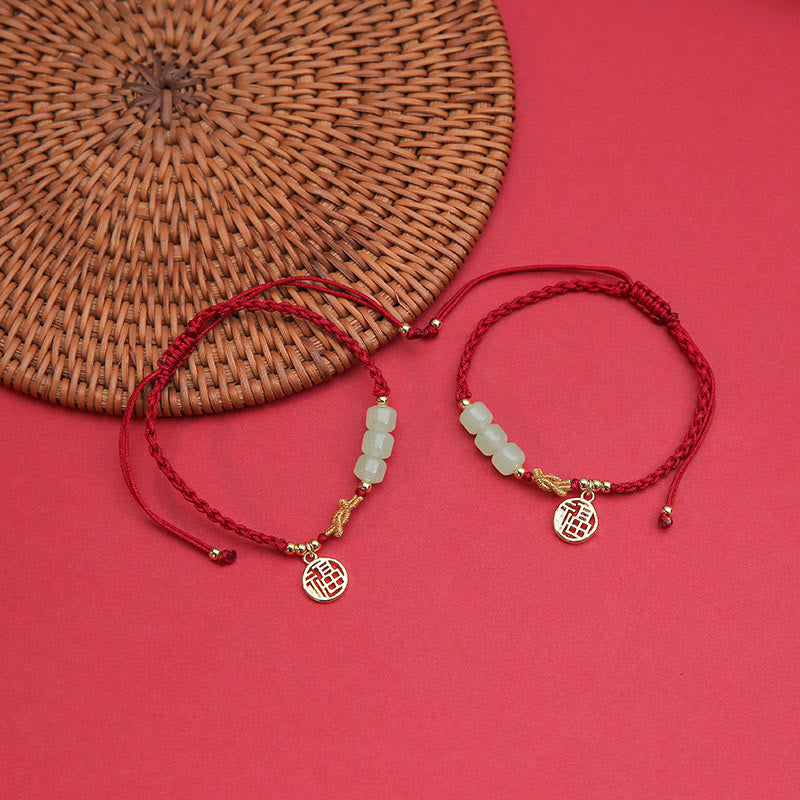 Buddha Stones Handcrafted Jade Bead Fu Character Charm Luck Red Rope Bracelet - image 2