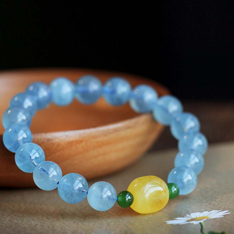 Natural Aquamarine Amber Beads Serenity Healing Bracelet - image 1