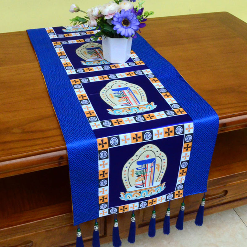 Buddha Stones Prayer Altar Mat Man-Bcu Kalachakra Endless Knot Vajra Tibetan Auspicious Symbols Tassels Table Runner - Man-Bcu Kalachakra - Blue - 190*33cm - image 5