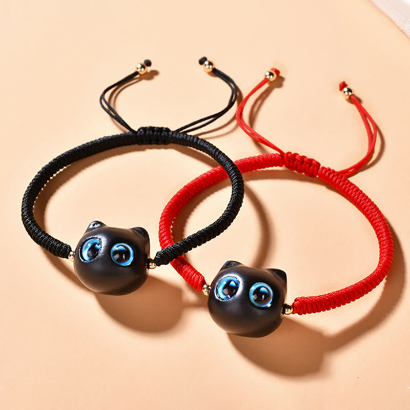 Buddha Stones Ebony Wood Cat Head Pattern Peace King Kong Knot Braided Bracelet - image 2